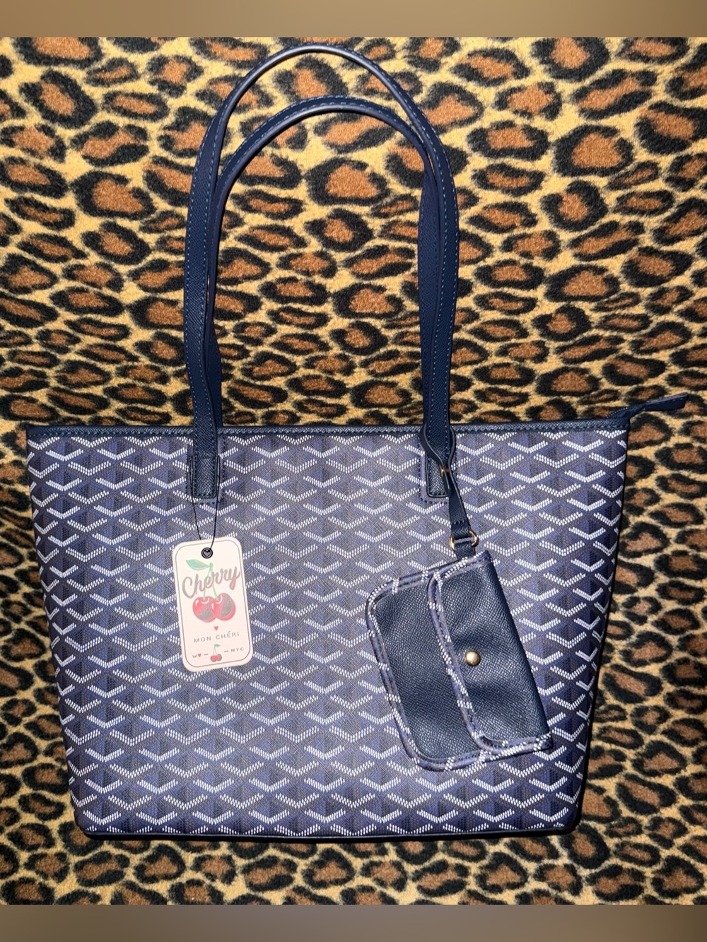 NWT Navy Cherry Mon Chéri Large Geometric Tote Bag with Matching Pouch
